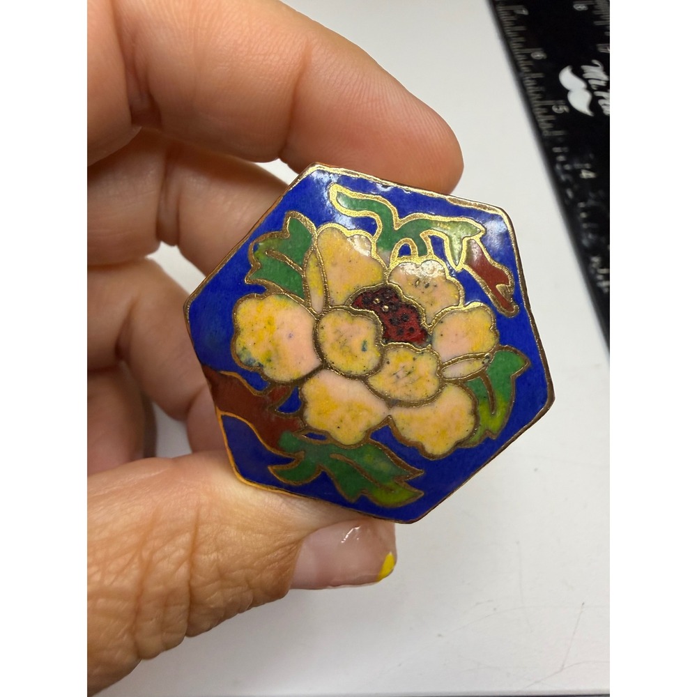 Vintage Cloisonne Enamel Hexagon Trinket Box Blue Floral Miniature Pill Case